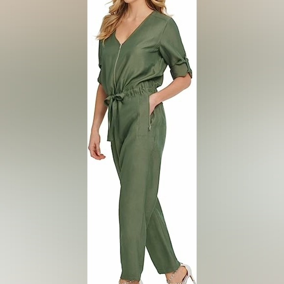 DKNY Womens Green V-Neck Adjustable Sleeves Casual Jumpsuit Size 8 NEW - Picture 1 of 15